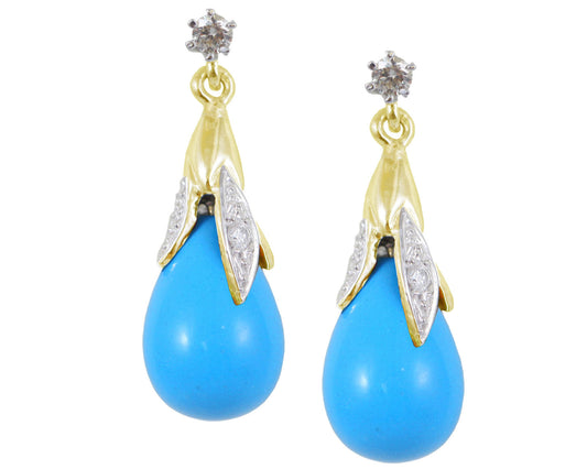BJC® 9ct Yellow Gold Turquoise & Diamond Briolette Drop Dangling Stud Earrings