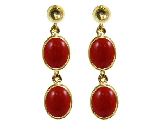 BJC® 9ct Yellow Gold Natural Red Coral Oval Double Drop Dangling Studs Earrings