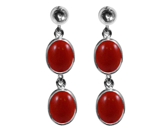 BJC® Sterling Silver Natural Red Coral Oval Double Drop Dangling Studs Earrings