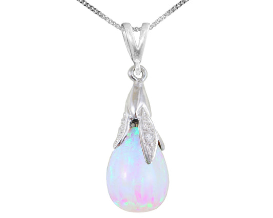 BJC® 9ct White Gold White Opal & Diamond Briolette Drop Pendant / Necklace