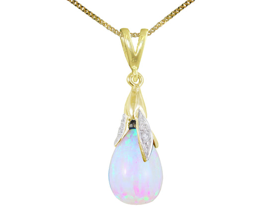 BJC® 9ct Yellow Gold White Opal & Diamond Briolette Drop Pendant / Necklace