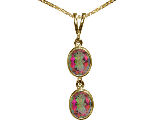 Natural Mystic Topaz Double Drop Oval Pendant & Necklace Available in White / Yellow / Rose Gold