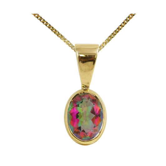 Natural Mystic Topaz Single Drop Oval Pendant & Necklace Available in White / Yellow / Rose Gold