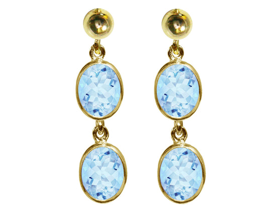 BJC® 9ct Yellow Gold Natural Blue Topaz Oval Double Drop Dangling Studs Earrings
