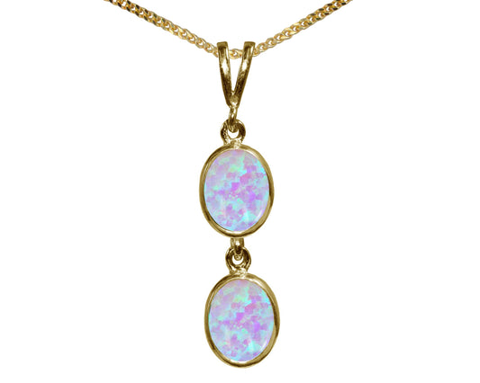 Fiery Cultured Opal Double Drop Oval Pendant & Necklace Available in White / Yellow / Rose Gold