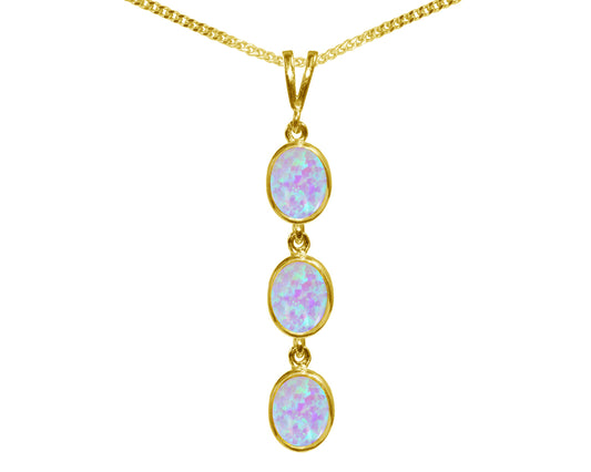 Fiery Cultured Opal Triple Drop Oval Pendant & Necklace Available in White / Yellow / Rose Gold