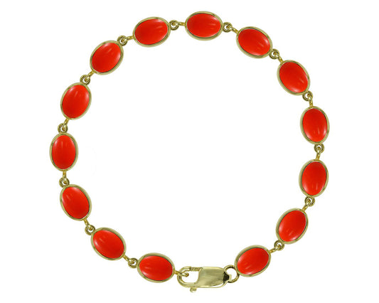 BJC® 9ct Yellow Gold Natural Peach Coral 21.00ct Oval Gemstone Tennis Bracelet
