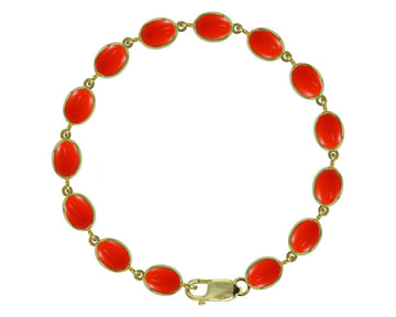 BJC® 9ct Yellow Gold Natural Peach Coral 21.00ct Oval Gemstone Tennis Bracelet