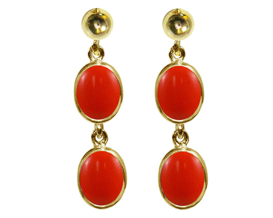 BJC® 9ct Yellow Gold Natural Peach Coral Double Drop Dangling Studs Earrings