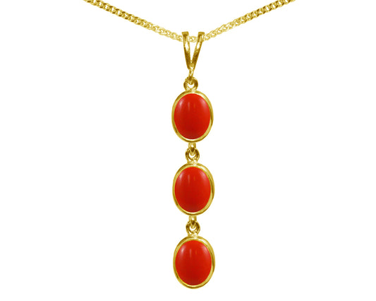 Natural Peach Coral Triple Drop Oval Pendant & Necklace Available in White / Yellow / Rose Gold