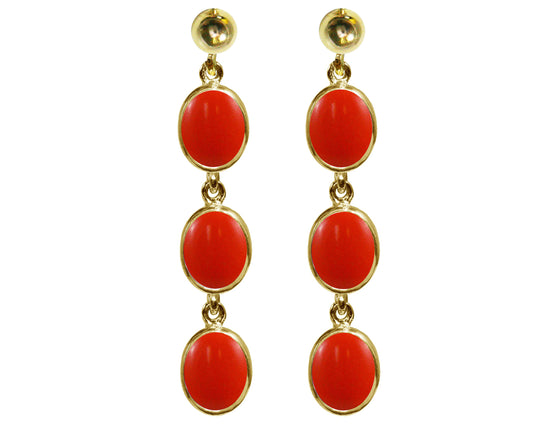 BJC® 9ct Yellow Gold Natural Peach Coral Triple Drop Dangling Studs Earrings