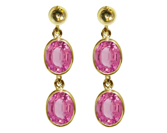 BJC® 9ct Yellow Gold Natural Pink Topaz Oval Double Drop Dangling Studs Earrings