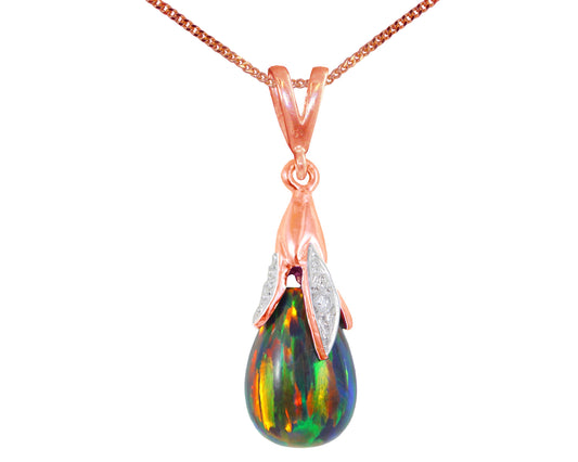 BJC® 9ct Rose Gold Black Opal & Diamond Briolette Drop Pendant / Necklace