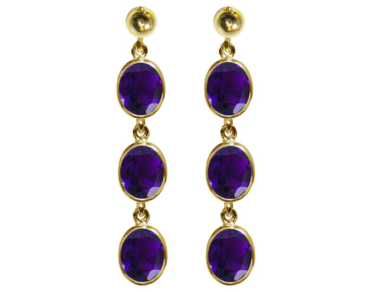 BJC® 9ct Yellow Gold Natural Amethyst Oval Triple Drop Dangling Studs Earrings