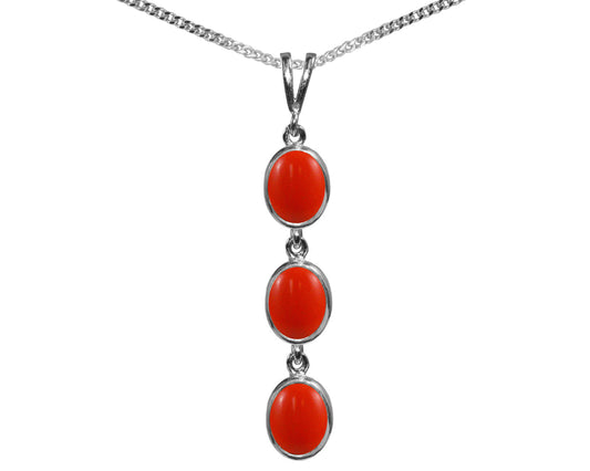 BJC® Sterling Silver 925 Peach Coral Triple Drop Oval Pendant & Necklace