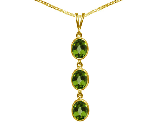 Natural Peridot Triple Drop Oval Pendant & Necklace Available in White / Yellow / Rose Gold