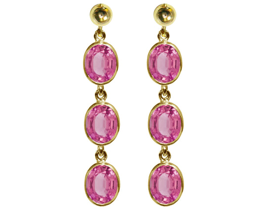 BJC® 9ct Yellow Gold Natural Pink Topaz Oval Triple Drop Dangling Studs Earrings