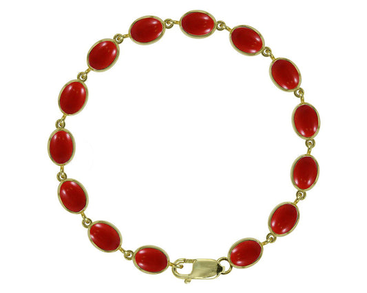 BJC® 9ct Yellow Gold Natural Red Coral 21.00ct Oval Gemstone Tennis Bracelet 7.5