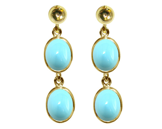 BJC® 9ct Yellow Gold Natural Turquoise Oval Double Drop Dangling Studs Earrings