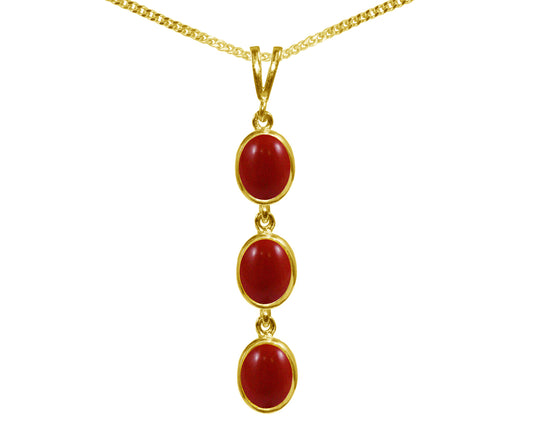 Natural Red Coral Triple Drop Oval Pendant & Necklace Available in White / Yellow / Rose Gold