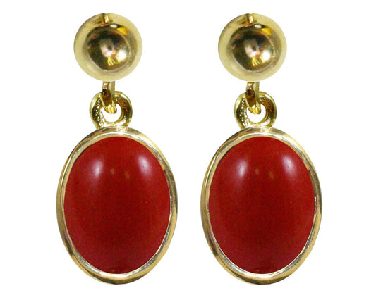 BJC® 9ct Yellow Gold Natural Red Coral Oval Single Drop Dangling Studs Earrings