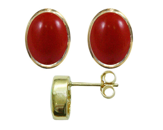 BJC® 9ct Yellow Gold Natural Red Coral Oval Stud Earrings 3.00ct Studs Brand New