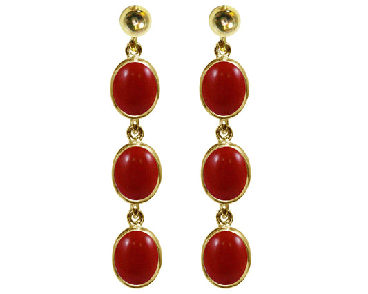 BJC® 9ct Yellow Gold Natural Red Coral Triple Drop Dangling Studs Earrings