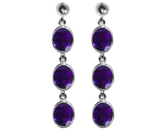 BJC® Sterling Silver Natural Amethyst Oval Triple Drop Dangling Studs Earrings