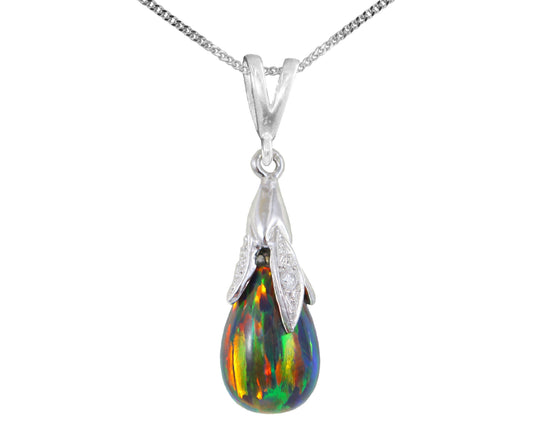 BJC® 9ct White Gold Black Opal & Diamond Briolette Drop Pendant / Necklace