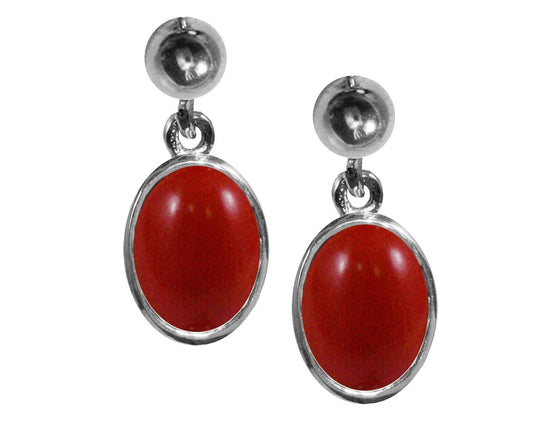 BJC® 9ct White Gold Natural Red Coral Oval Single Drop Dangling Studs Earrings