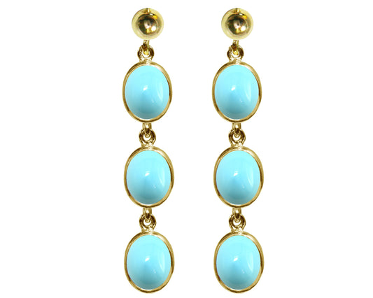 BJC® 9ct Yellow Gold Natural Turquoise Oval Triple Drop Dangling Studs Earrings