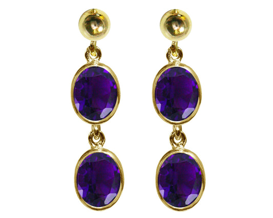 BJC® 9ct Yellow Gold Natural Amethyst Oval Double Drop Dangling Studs Earrings