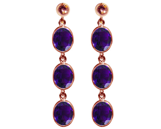 BJC® 9ct Rose Gold Natural Amethyst Oval Triple Drop Dangling Studs Earrings