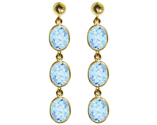 BJC® 9ct Yellow Gold Natural Blue Topaz Oval Triple Drop Dangling Studs Earrings