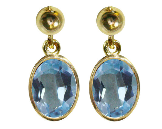 BJC® 9ct Yellow Gold Natural Blue Topaz Oval Single Drop Dangling Studs Earrings