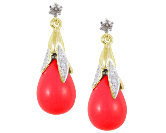BJC® 9ct Yellow Gold Red Coral & Diamond Briolette Drop Dangling Stud Earrings