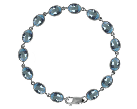 BJC® 9ct White Gold Natural Blue Topaz 21.00ct Oval Gemstone Tennis Bracelet