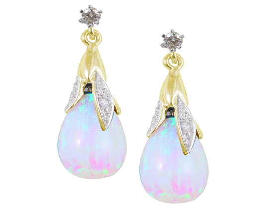 BJC® 9ct Yellow Gold White Opal & Diamond Briolette Drop Dangling Stud Earrings