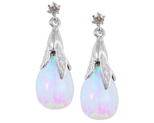 BJC® 9ct White Gold White Opal & Diamond Briolette Drop Dangling Stud Earrings