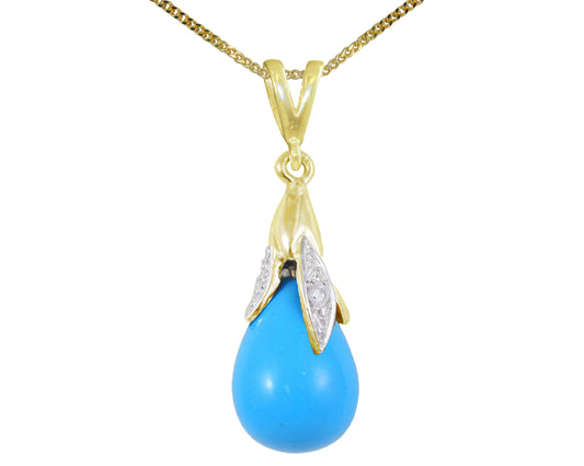 BJC® 9ct Yellow Gold Turquoise & Diamond Briolette Drop Pendant / Necklace