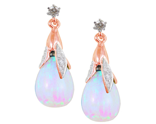 BJC® 9ct Rose Gold White Opal & Diamond Briolette Drop Dangling Stud Earrings