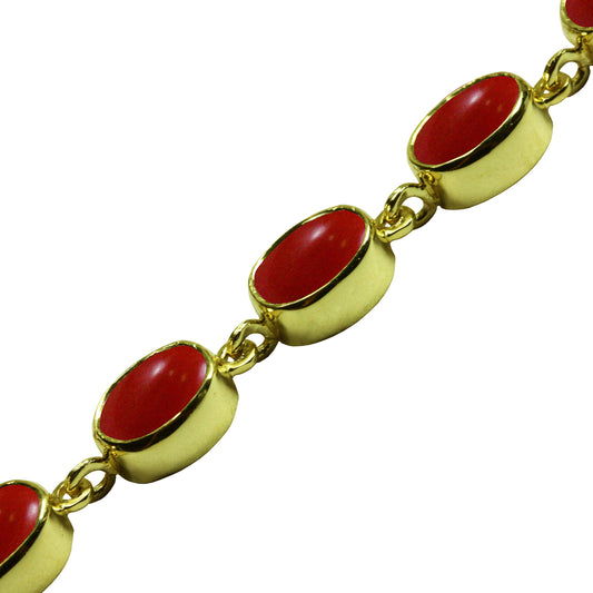 BJC® 9ct Yellow Gold Natural Red Coral 21.00ct Oval Gemstone Tennis Bracelet 7.5