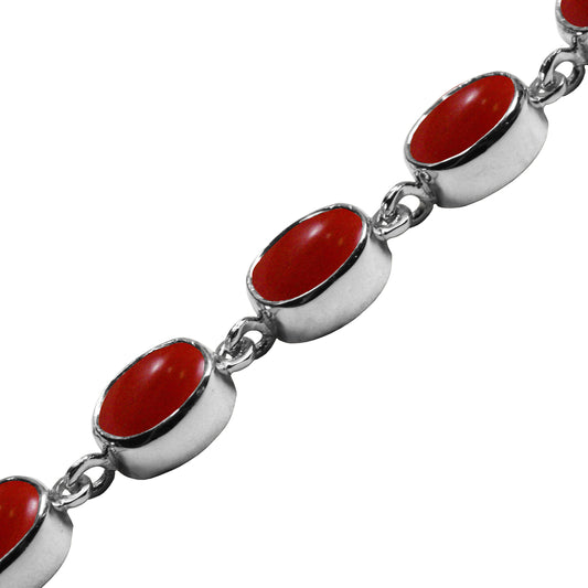 BJC® 9ct White Gold Natural Red Coral 21.00ct Oval Gemstone Tennis Bracelet 7.5"