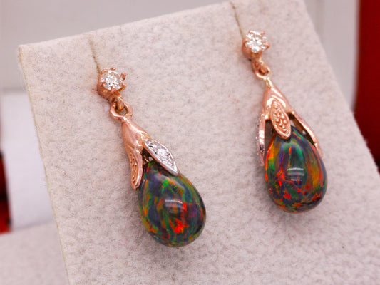 BJC® 9ct Rose Gold Black Opal & Diamond Briolette Drop Dangling Stud Earrings
