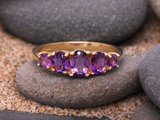 BJC® 9ct Yellow Gold Amethyst Art Deco Style 5 Stone Size O Ring R236