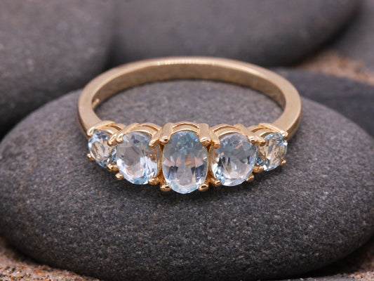 BJC® 9ct Yellow Gold Blue Topaz 5 Stone Art Deco Style Ring Size O