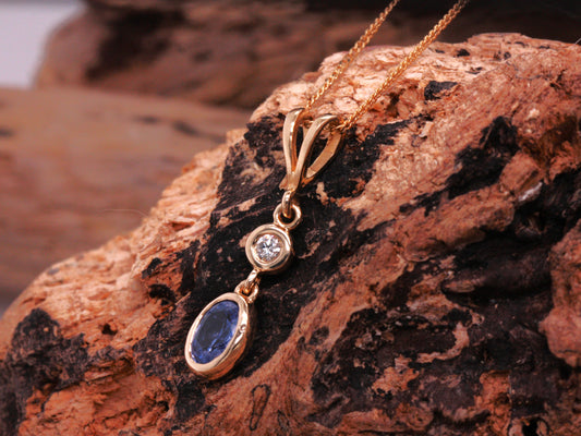 BJC® 9ct Yellow Gold Natural Sapphire & Diamond Oval Drop Pendant & Necklace P9