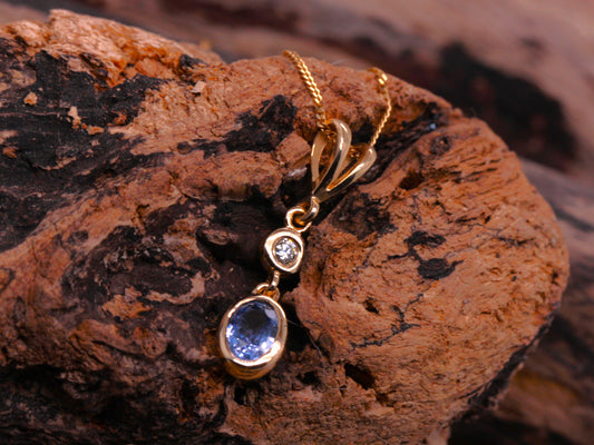 BJC® 9ct Yellow Gold Natural Sapphire & Diamond Oval Drop Pendant & Necklace P9