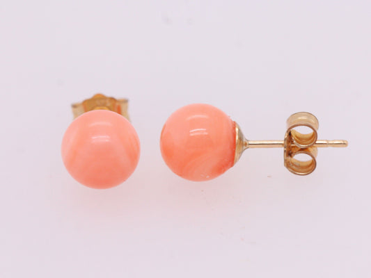 9ct Yellow Gold 7mm Peach Coral Ball Stud Earrings