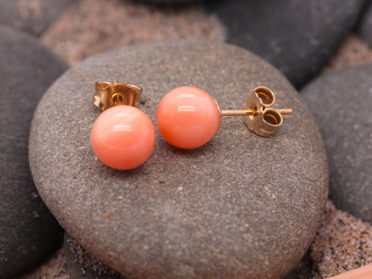 9ct Yellow Gold 6mm Peach Coral Ball Stud Earrings